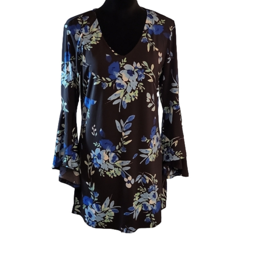 Du Jour Black Floral Tunic Blouse With Bell Sleeves Size Small